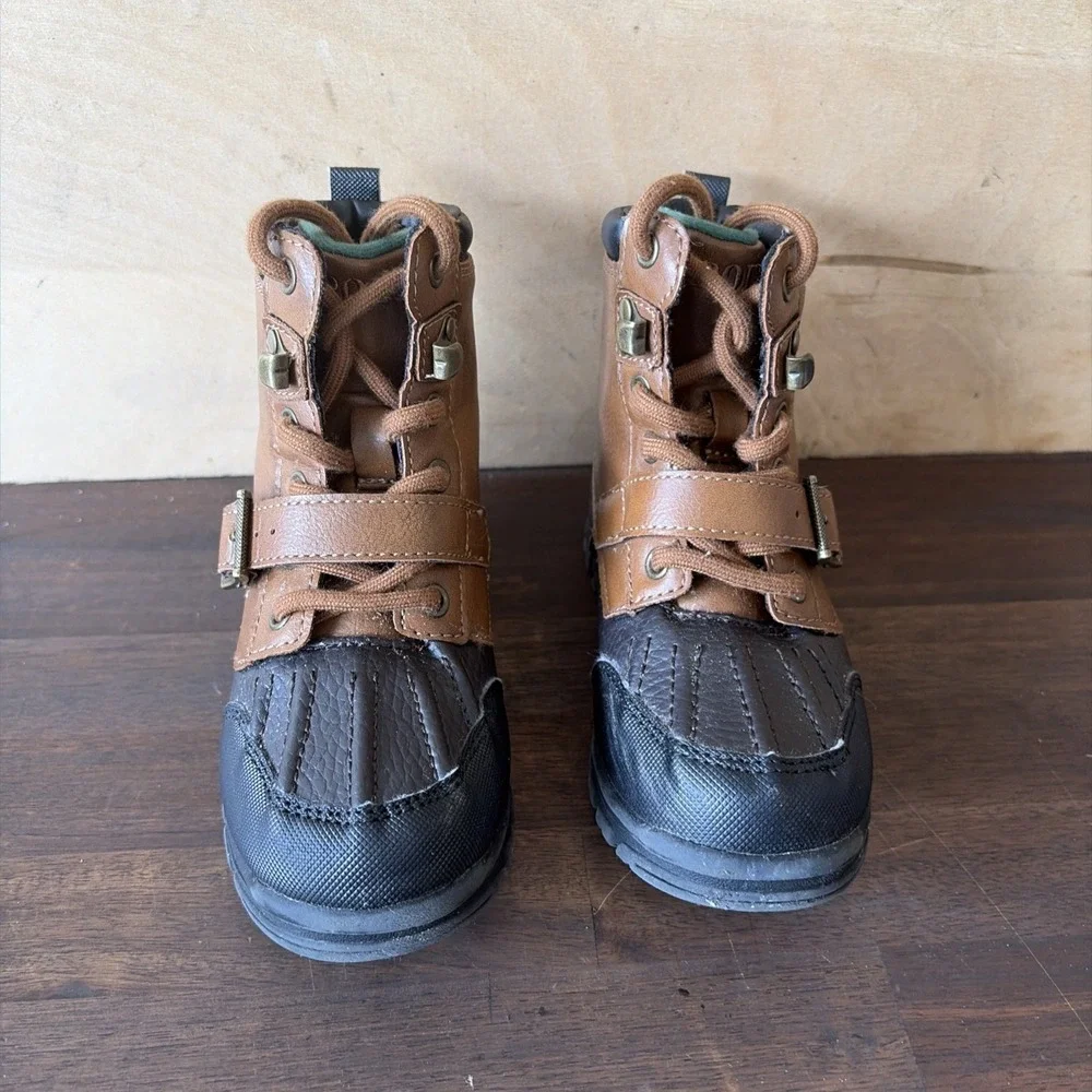Polo Ralph Lauren Toddler Brown Black Leather Boots Water Resistant Buckle 9.5